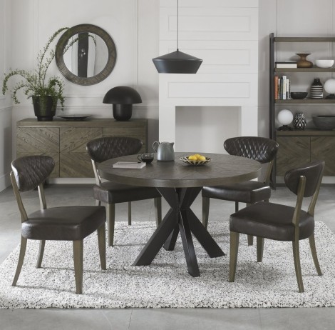 Ellipse - Fumed Oak - 4 Seater Table & 4 Ellipse Upholstered Chairs in Old West Vintage - Powder Coated Metal Frame