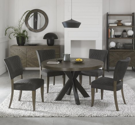 Ellipse - Fumed Oak - 4 Seater Table & 4 Logan Upholstered Chairs in Dark Grey Fabric - Powder Coated Metal Frame