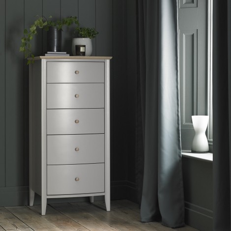 Whitby - Scandi Oak & Warm Grey - 5 Drawer Tall Chest - Scandinavian Style