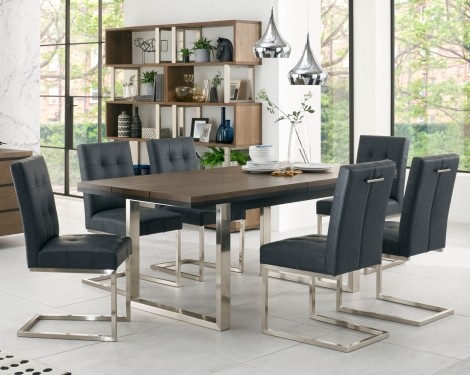 Tivoli - Dark Oak - 4 to 6 Seater Rectangular Dining Table & 4 Cantilever Chairs in Mottled Black Faux Leather - Satin Nickel Metal Frame