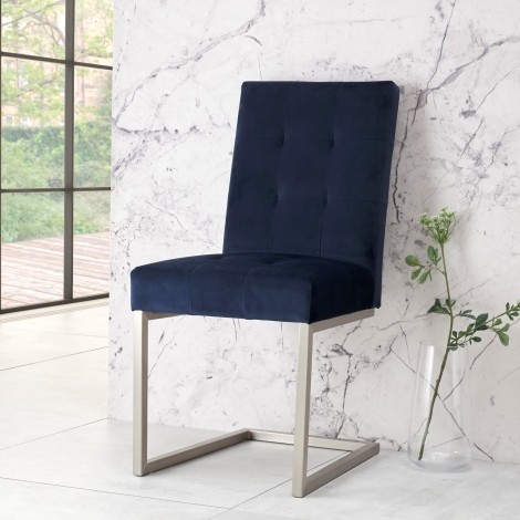 Tivoli - Dark Oak - Upholstered Cantilever Chair - Dark Blue Velvet (Pair) - Satin Nickel Metal Frame