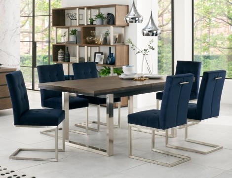 Tivoli - Dark Oak - 6 to 8 Seater Rectangular Dining Table & 6 Cantilever Chairs in Dark Blue Velvet - Satin Nickel Metal Frame