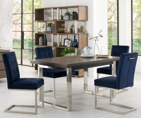 Tivoli - Dark Oak - 4 to 6 Seater Rectangular Dining Table & 4 Cantilever Chairs in Dark Blue Velvet - Satin Nickel Metal Frame