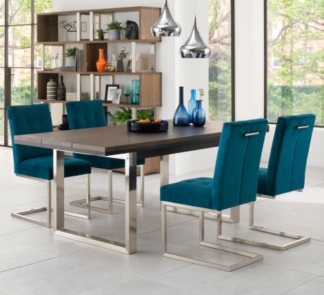 Tivoli - Dark Oak - 4 to 6 Seater Rectangular Dining Table & 4 Cantilever Chairs in Sea Green Velvet - Satin Nickel Metal Frame