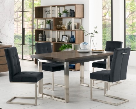 Tivoli - Dark Oak - 4 to 6 Seater Rectangular Dining Table & 4 Cantilever Chairs in Gun Metal Velvet - Satin Nickel Metal Frame