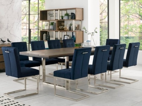 Tivoli - Dark Oak - 6 to 10 Seater Rectangular Dining Table & 10 Cantilever Chairs in Dark Blue Velvet - Satin Nickel Metal Frame