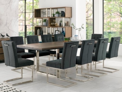 Tivoli - Dark Oak - 6 to 10 Seater Rectangular Dining Table & 10 Cantilever Chairs in Gun Metal Velvet - Satin Nickel Metal Frame