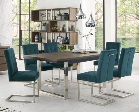 Tivoli - Dark Oak - 6 to 8 Seater Rectangular Dining Table & 6 Cantilever Chairs in Sea Green Velvet - Satin Nickel Metal Frame