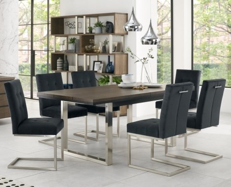 Tivoli - Dark Oak - 6 to 8 Seater Rectangular Dining Table & 6 Cantilever Chairs in Gun Metal Velvet - Satin Nickel Metal Frame