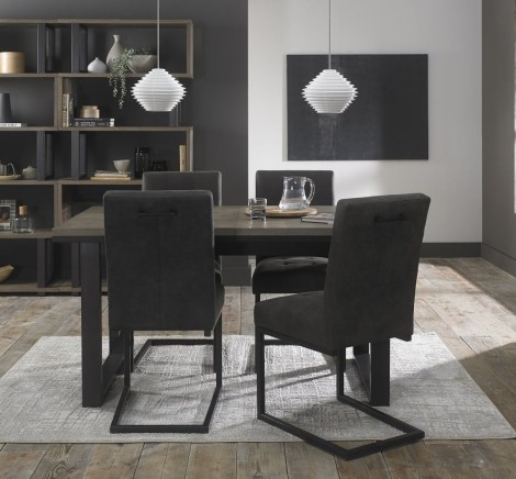 Tivoli - Weathered Oak - 4 to 6 Seater Table & 4 Indus Cantilever Chairs in Dark Grey Fabric - Black Legs