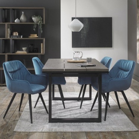 Tivoli - Weathered Oak - 4 to 6 Rectangular Extending Dining Table & 4 Dali Petrol Blue Velvet Chairs