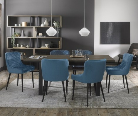 Tivoli - Weathered Oak - 6 to 8 Rectangular Extending Dining Table & 6 Cezanne Petrol Blue Velvet Chairs - Black Legs