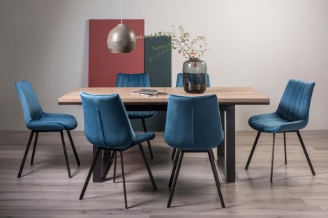 Tivoli - Weathered Oak - 6 to 8 Rectangular Extending Dining Table & 6 Fontana Blue Velvet Chairs - Black Legs