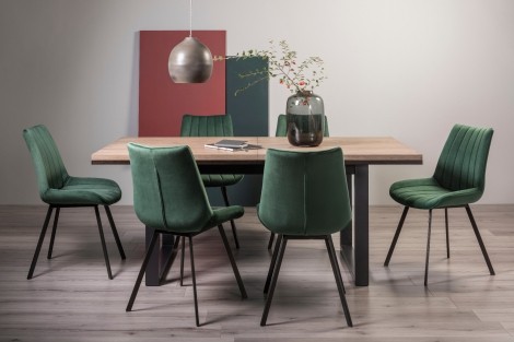 Tivoli - Weathered Oak - 6 to 8 Rectangular Extending Dining Table & 6 Fontana Green Velvet Chairs - Black Legs