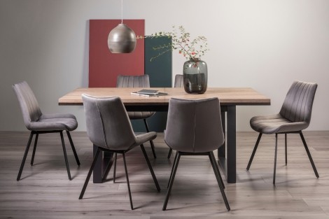 Tivoli - Weathered Oak - 6 to 8 Rectangular Extending Dining Table & 6 Fontana Grey Velvet Chairs - Black Legs