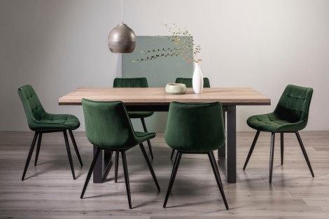 Tivoli - Weathered Oak - 6 to 8 Rectangular Extending Dining Table & 6 Seurat Green Velvet Chairs - Black Legs