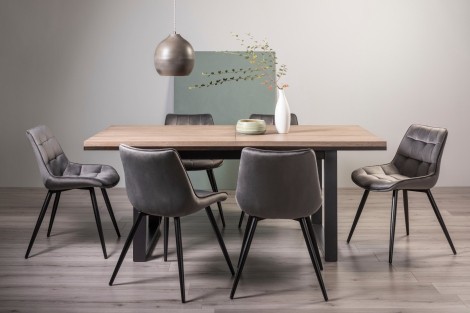 Tivoli - Weathered Oak - 6 to 8 Rectangular Extending Dining Table & 6 Seurat Grey Velvet Chairs - Black Legs