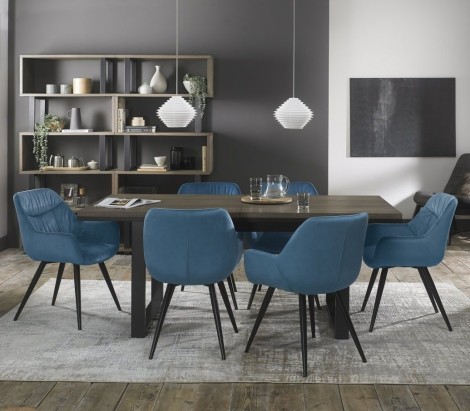 Tivoli - Weathered Oak - 6 to 8 Rectangular Extending Dining Table & 6 Dali Petrol Blue Velvet Chairs - Black Legs