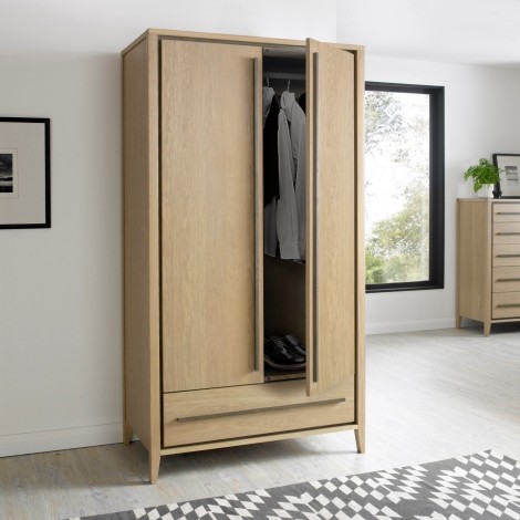 Rimini - Aged Oak & Weathered Oak - Double Wardrobe - 2 Door 1 Drawer - Tapering Legs