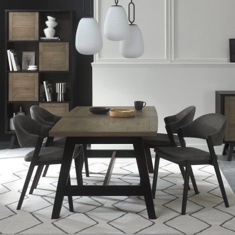 Camden - Weathered Oak & Peppercorn - 4 to 6 Seater Table & 4 Side Chairs in Dark Grey Fabric - A Frame Legs