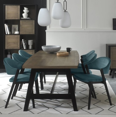 Camden - Weathered Oak & Peppercorn - 6 to 8 Seater Table & 6 Side Chairs in Azure Velvet - A Frame Legs