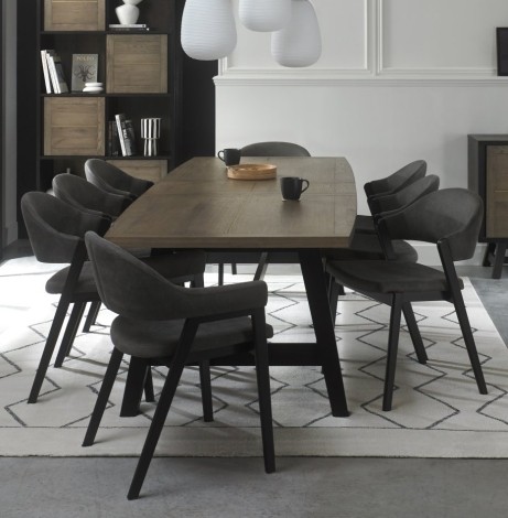 Camden - Weathered Oak & Peppercorn - 6 to 8 Seater Table & 6 Side & 2 Arm Chairs in Dark Grey Fabric - A Frame Legs