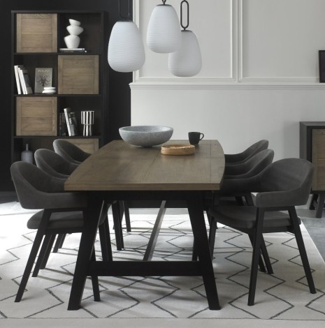 Camden - Weathered Oak & Peppercorn - 6 to 8 Seater Table & 6 Arm Chairs in Dark Grey Fabric - A Frame Legs