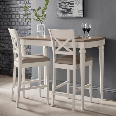 Montreux Grey Washed Oak & Soft Grey - Bar Table & 2 X Back Bar Stools in Grey Bonded Leather