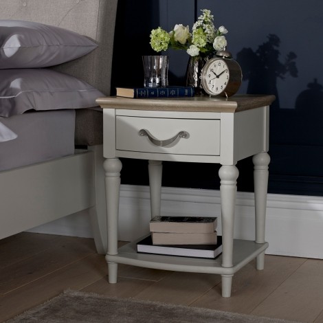 Montreux Grey Washed Oak & Soft Grey - 1 Drawer Nightstand / Bedside Cabinet / Lamp Table - Turned Legs