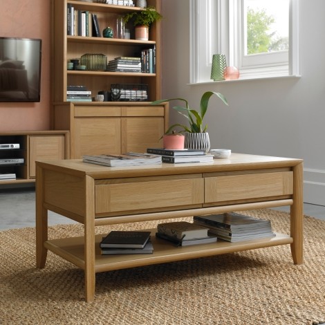 Bergen - Oak - Rectangular - 2 Drawer - Coffee Table - Curved Tapering Legs