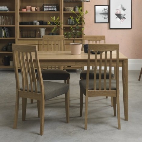 Bergen - Oak - 4 to 6 Seater Rectangle Extending Dining Table & 4 Slat Back Chairs in Black Gold Fabric - Curved Tapering Legs