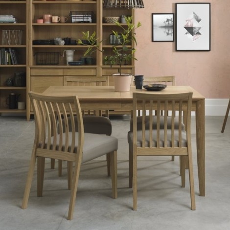Bergen - Oak - 4 to 6 Seater Rectangle Extending Dining Table & 4 Low Slat Back Chairs in Grey Bonded Leather - Curved Tapering Legs