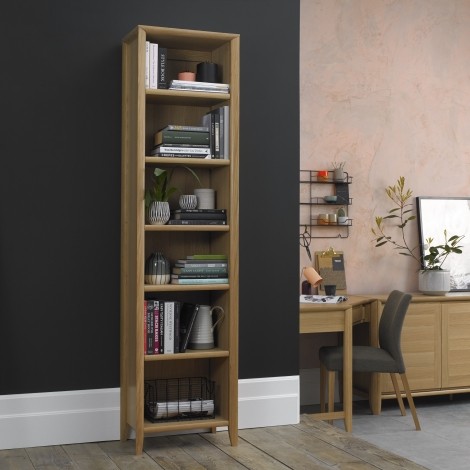 Bergen - Oak - 6 Open Shelves - Narrow Bookcase - Curved Tapering Legs