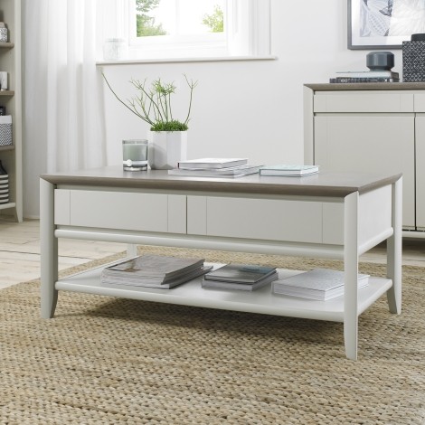 Bergen - Grey Washed Oak Top - Coffee Table With Drawer - Soft Grey Pigment Frame