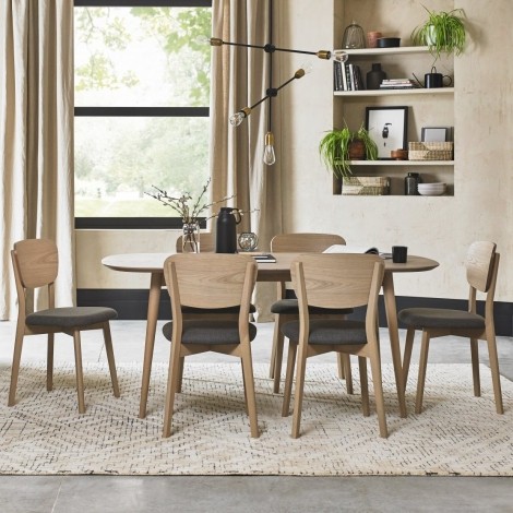 Dansk - Scandi Oak - 6 Seater Rectangle Dining Table & 6 Veneer Back Chairs in Cold Steel Fabric - Turned Solid Beech Legs