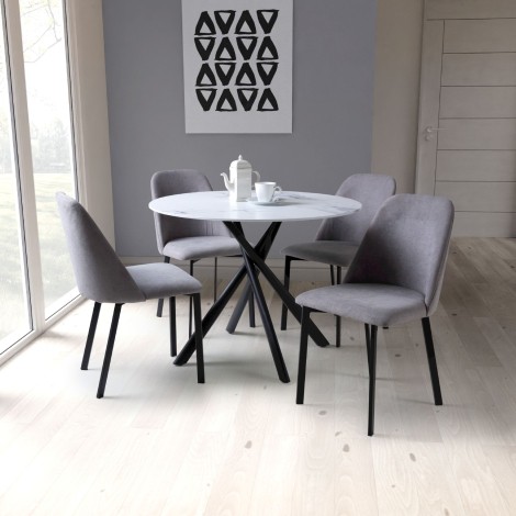 Avesta - White - Round - 4 Seater - Dining Table & 4 Linden - Upholstered - Linen Effect - Light Grey - Dining Chair