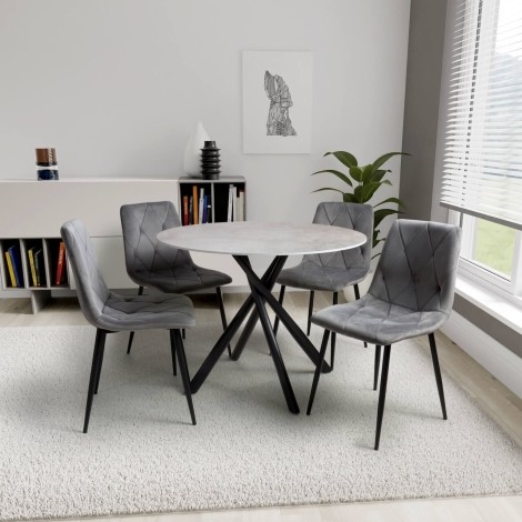 Avesta - White - Marble Effect - 100cm - Round Dining Table With 4 Vernon - Grey Velvet Chairs