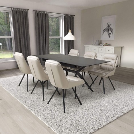 Timor - Rectangular - Extending - 140cm-180cm - Black Ceramic Top - Sinister Stone - Dining Table & 6 Arnhem - Cream - Swivel Leather Effect - Upholstered - Dining Chair