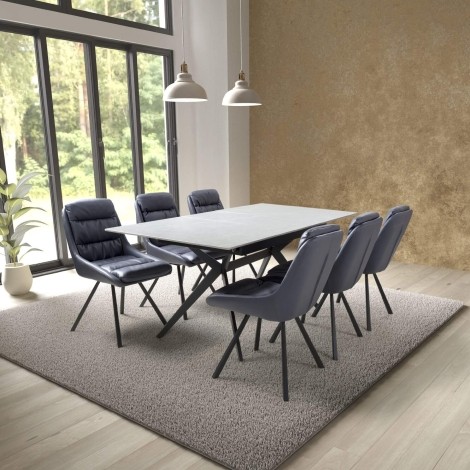 Timor - Rectangular - Extending - 140cm-180cm - Grey Ceramic Top - Sinister Stone - Dining Table & 6 Arnhem - Midnight Blue - Swivel Leather Effect - Upholstered - Dining Chair