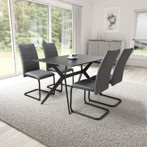 Timor - Rectangular - 120cm/1.2m - Black Ceramic Top - Sinister Stone - Dining Table & 4 Carlisle - Grey - Mottled Leather Effect Fabric - Upholstered - Dining Chair