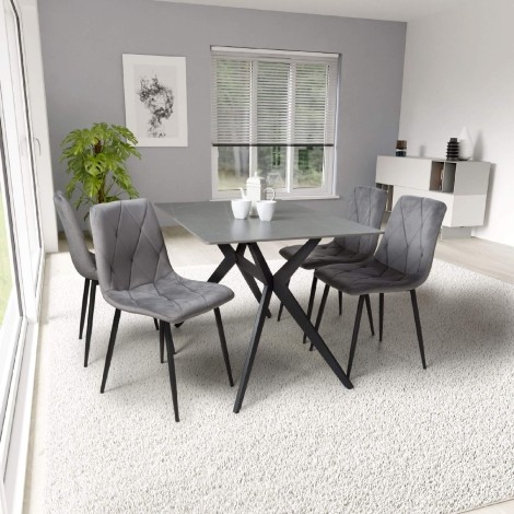 Timor - Rectangular - 120cm/1.2m - Grey Ceramic Top - Sinister Stone - Dining Table & 4 Vernon - Diamond Stitching- Grey Brushed Velvet Fabric - Upholstered - Dining Chair