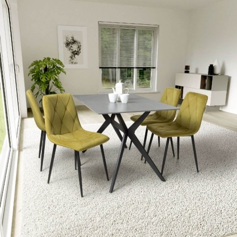 Timor - Rectangular - 120cm/1.2m - Grey Ceramic Top - Sinister Stone - Dining Table & 4 Vernon - Diamond Stitching- Yellow Brushed Velvet Fabric - Upholstered - Dining Chair