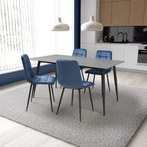 Monaco - Rectangle - 160cm/1.6m - Ceramic - Grey Granite Finish - Dining Table & 4 Madison - Upholstered - Blue Velvet Fabric - Dining Chair