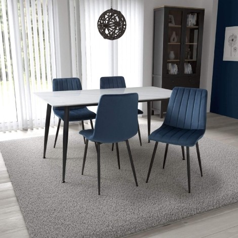 Monaco - Rectangle - 160cm/1.6m - Ceramic White - Marble Effect Finish - Dining Table & 4 Lisbon - Upholstered - Blue Velvet Fabric - Dining Chair