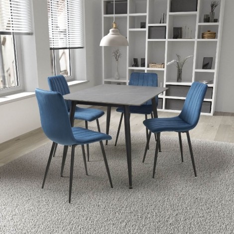 Monaco - Rectangle - 120cm/1.2m - Four Seater - Ceramic - Grey Granite Finish - Dining Table & 4 Lisbon - Upholstered - Blue Velvet Fabric - Dining Chair