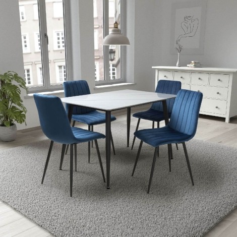 Monaco - Rectangle - 120cm/1.2m - Four Seater - White Ceramic - Marble Effect Finish - Dining Table & 4 Lisbon - Upholstered - Blue Velvet Fabric - Dining Chair