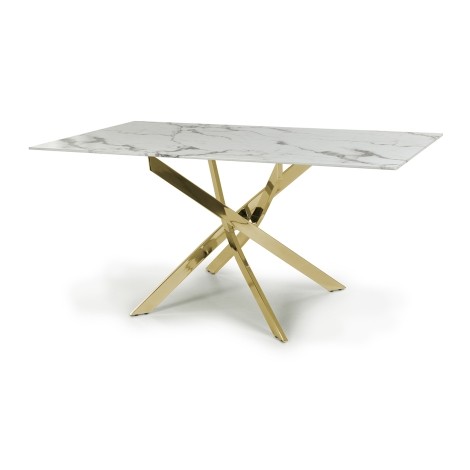 Astoria - White and Grey Marble Effect Glass Top Dining Table Medium 160cm/1.6m - Gold Chrome Legs