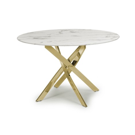 Astoria - White and Grey Marble Effect Glass Top Round Dining Table 120cm/1.2m - Gold Chrome Legs