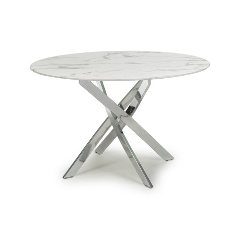 Astoria - White and Grey Marble Effect Glass Top Round Dining Table 120cm/1.2m - Chrome Legs