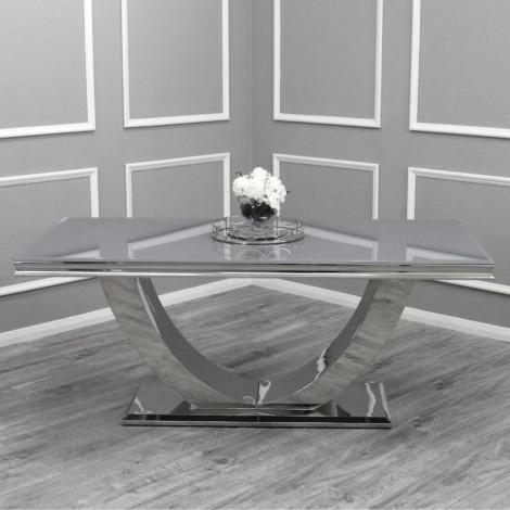 Arial - Grey Glass Dining Table - 180cm/1.8m - Stainless Seel Swooping Base